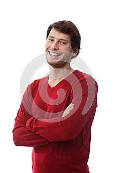 Smiling man with founded hands