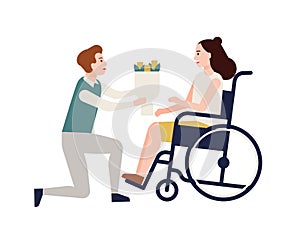 Smiling man giving bouquet of flowers to disabled woman sitting in wheelchair. Girl with physical disorder or impairment