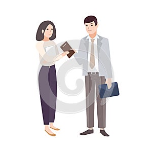 Smiling man giving notepad to woman. Pair of office workers, managers, colleagues or business partners isolated on white