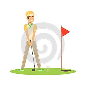 Smiling man golfer hitting the ball vector Illustration