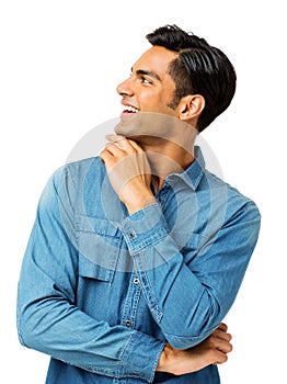 Smiling Man With Hand On Chin Looking Away