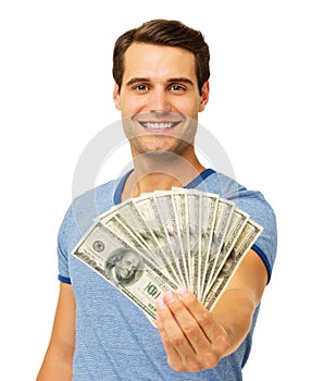 Smiling Man Holding Fanned Us Paper Currency