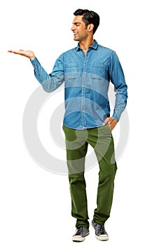 Smiling Man Holding Invisible Product