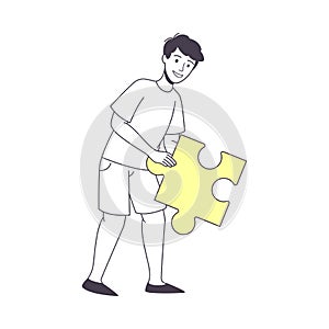 Smiling Man Holding Yellow Jigsaw Puzzle as Mosaiced Piece for Logical Game Vector Illustration