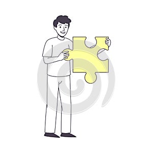 Smiling Man Holding Yellow Jigsaw Puzzle as Mosaiced Piece for Logical Game Vector Illustration