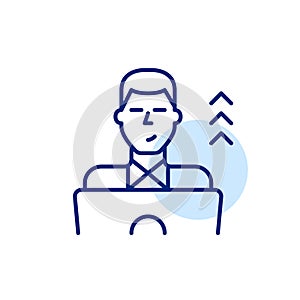 Smiling man at laptop and arrows up. Successful professional path. Pixel perfect, editable stroke icon