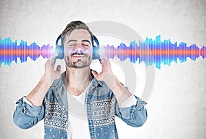 Smiling man listening to music, sound wave