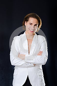 Smiling man macho in white jacket