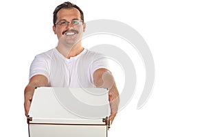 Smiling man with mustache in glasses stretches