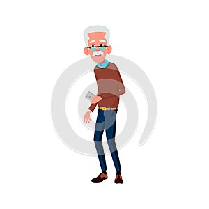 smiling man pensioner walking with cellphone in garden cartoon vector