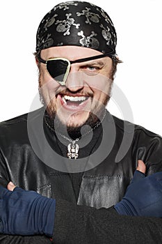 Smiling man in a pirate costume