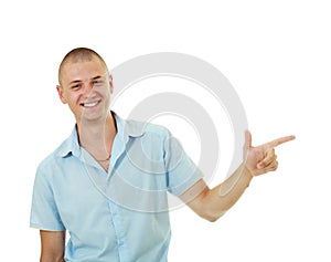 Smiling man pointing aside