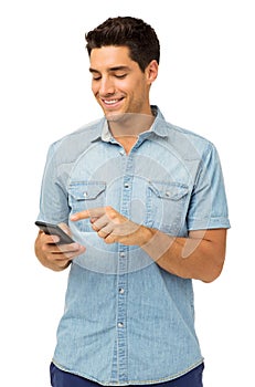 Smiling Man Reading Text Message On Smart Phone