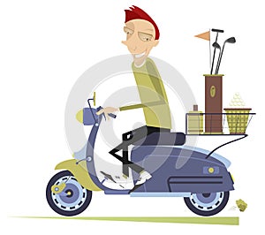 Smiling man rides the scooter and goes to play golf isolated illustration