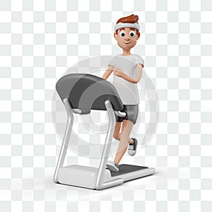 Smiling man is running on treadmill. Modern sports equipment for indoor training