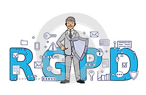 Smiling man with a shield among digital and internet symbols in front of RGPD letters. General Data Protection