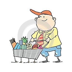 Smiling man with shopping cart filled with goods