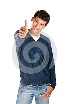 Smiling man showing thumb up