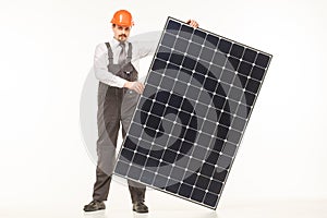 Smiling man solar panel isolated white background