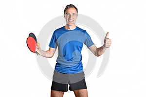 Smiling man in sportswear with ping-pong equipment white isolated background