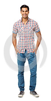 Smiling Man Standing With Hands In Pockets