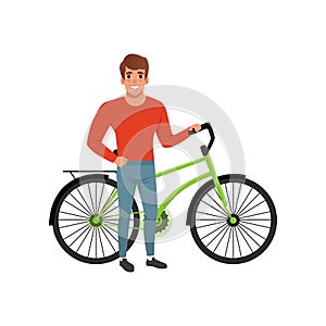 Smiling man standing next to his bicycle, active lifestyle concept vector Illustrations on a white backgroun