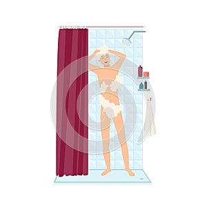 Smiling man standing, taking shower and lathering his body with soap. Happy male cartoon character washing in bathroom