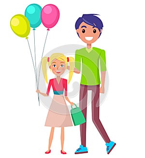 Smiling man stands near girl who holds multi-colored balloons and gift bag. Happy fathers day