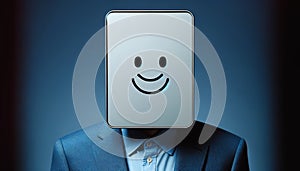 Smiling Man in Suit with a box over his head.