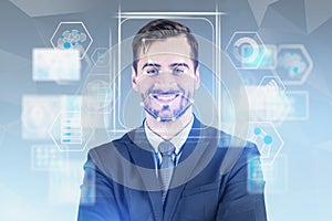 Smiling man in suit facial recognition technology