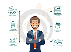 Smiling Man in Suit. Infographic Working Functions