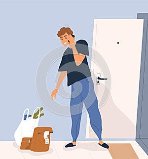Smiling man talk smartphone receive order at porch vector flat illustration. Male taking packages use contactless
