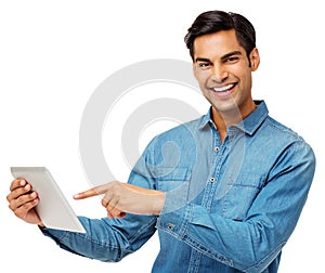 Smiling Man Using Digital Tablet