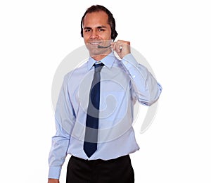 Smiling man using headphone with microphone