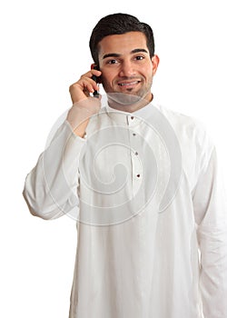Smiling man using phone