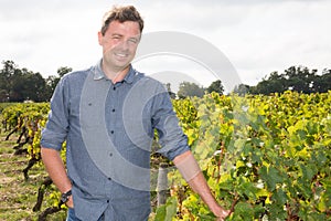 smiling Man vintner posing at vineyard