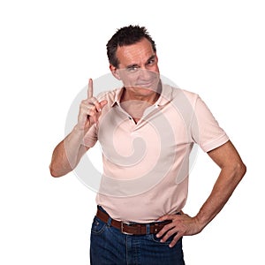 Smiling Man Wagging Finger Pointing Upwards