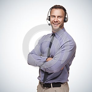 Smiling man wearing a headset