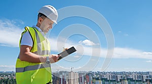 Smiling man in white helmet at construction site writes notes on clipboard