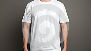 Smiling man in white t shirt mockup template on light gray wall in design print studio