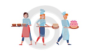 Smiling Man and Woman Baking Bread and Making Confections Vector Illustration Set