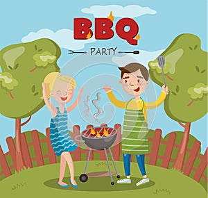 Smiling man and woman cooking barbecue on the backyard, BBQ party vector Illustration with flaming grill