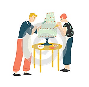 Smiling man and woman decorating cake. Happy boy and girl baking, cooking or making dessert, confection or pastry. Cute