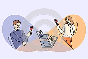 Smiling man and woman having online date