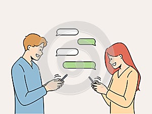 Smiling man and woman messaging online