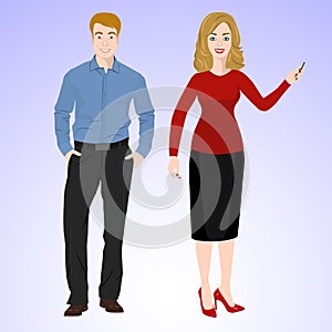Smiling man and woman in office style wear