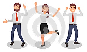 Smiling Man and Woman Office Worker Wearing Red Tie and Formal Suit Enjoying Success and Cheering Vector Illustration