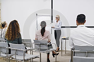 Smiling manager going over charts during an office presentation