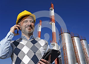 Smiling Manager in Yellow Hardhat Talking On Mobile Phone and Standing Against District Heating Plant Chimneys and Blue Sky