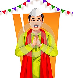 Smiling Marathi Indian man greeting, standing in a greeting pose to Namaste hands